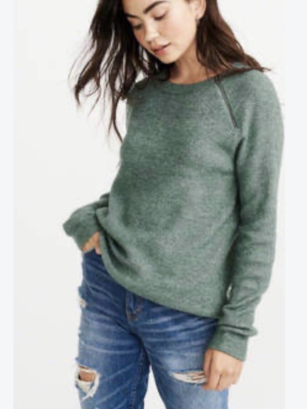 A & F Sage Green Heather Crewneck Sweater Sz Medium Asymmetric Shoulder Zipper